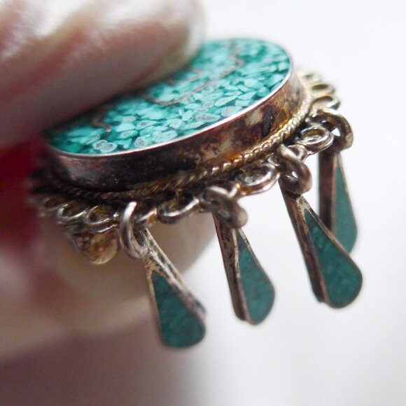 Aldaca Mexico crushed turquoise and sterling silver dangle pin pendant - Picture 6 of 11